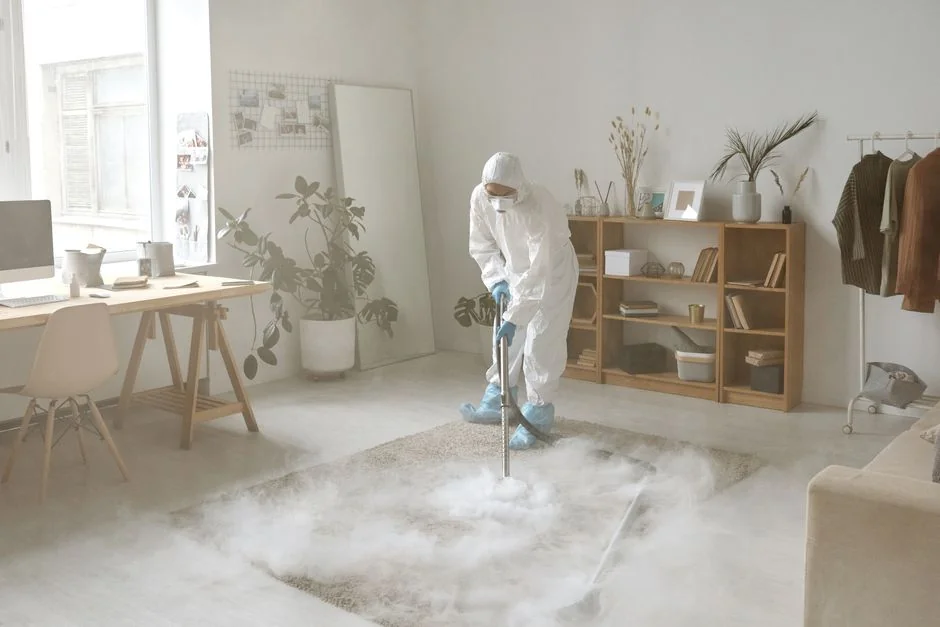 Cleaner cleaning the floor in a laboratory environment